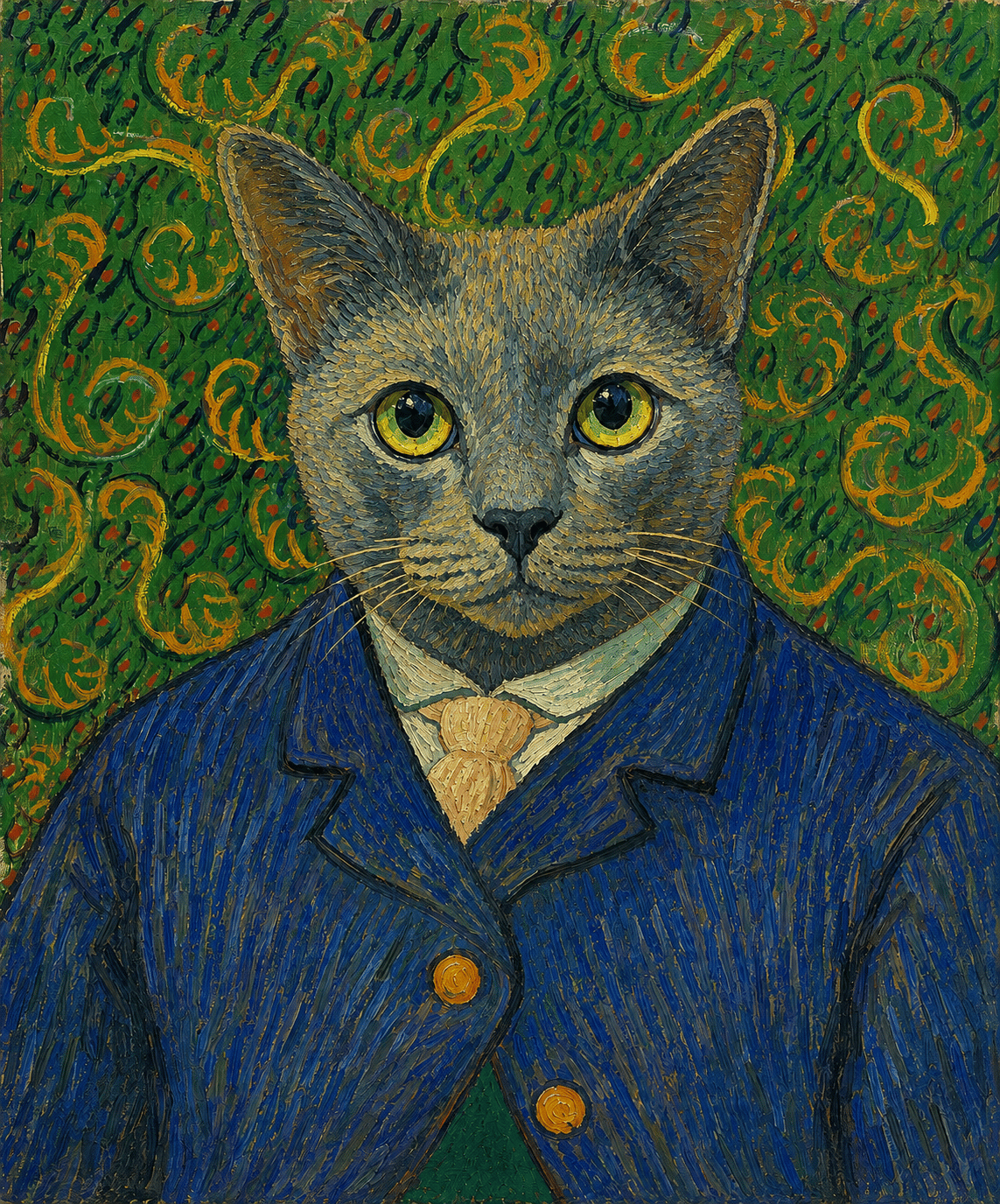 Painted portrait of Romeo, a gray cat in a blue suit, in a Van Gogh inspired style