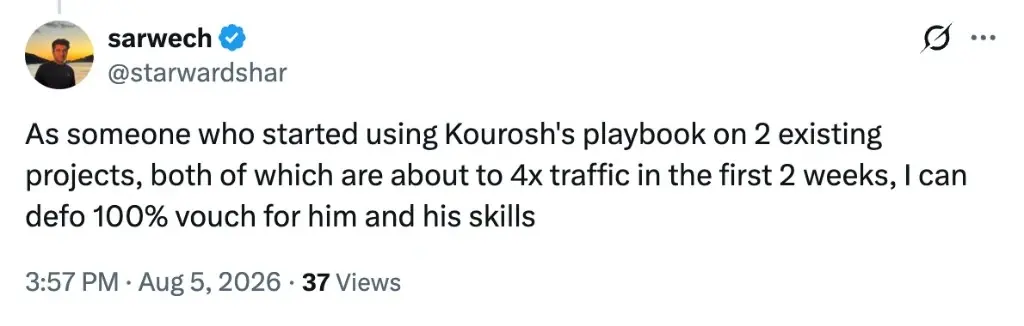 Reply from a user saying they applied the playbook to two existing projects and both are about to 4x traffic in the first two weeks.