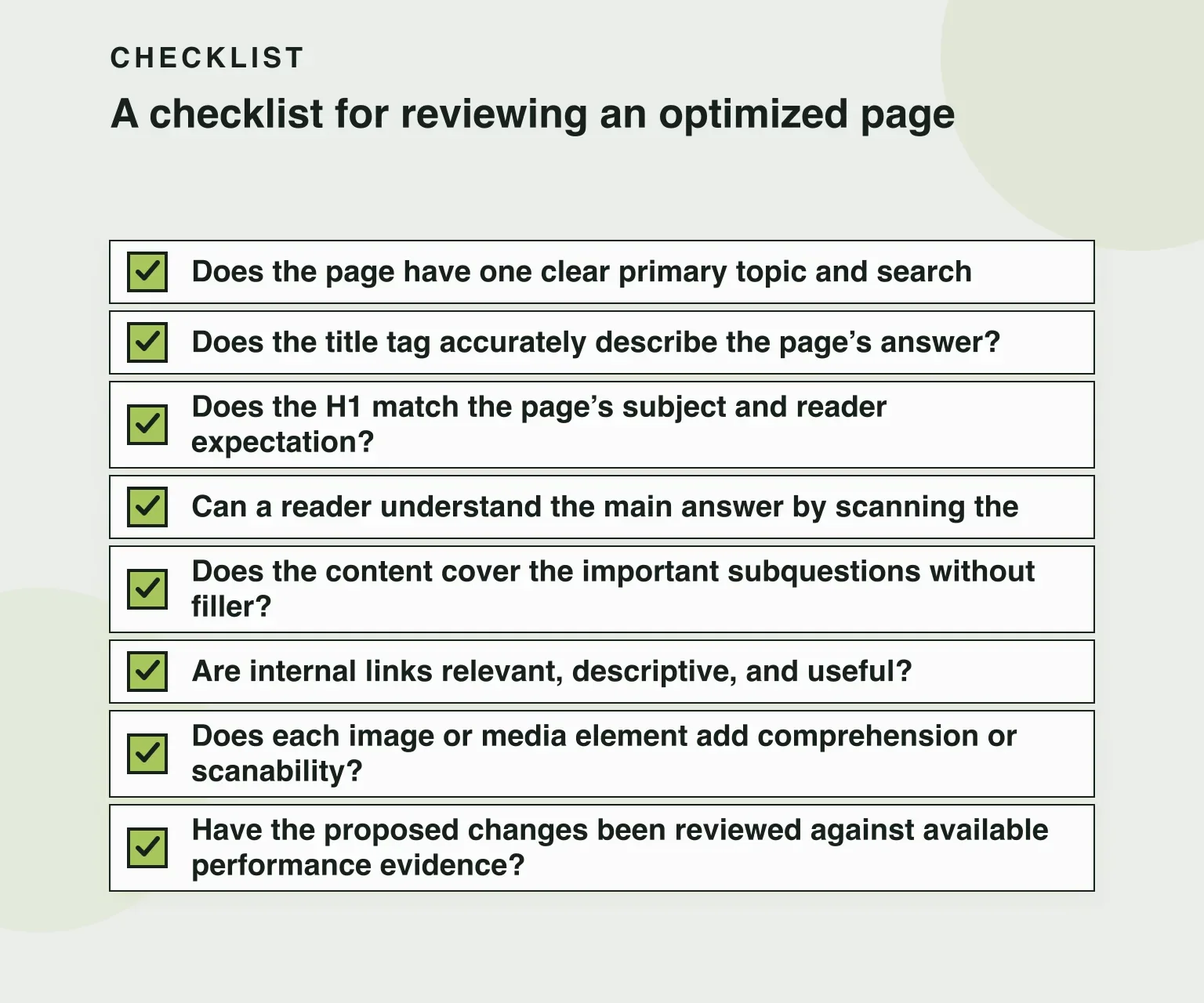 Checklist: A checklist for reviewing an optimized page (8 items)