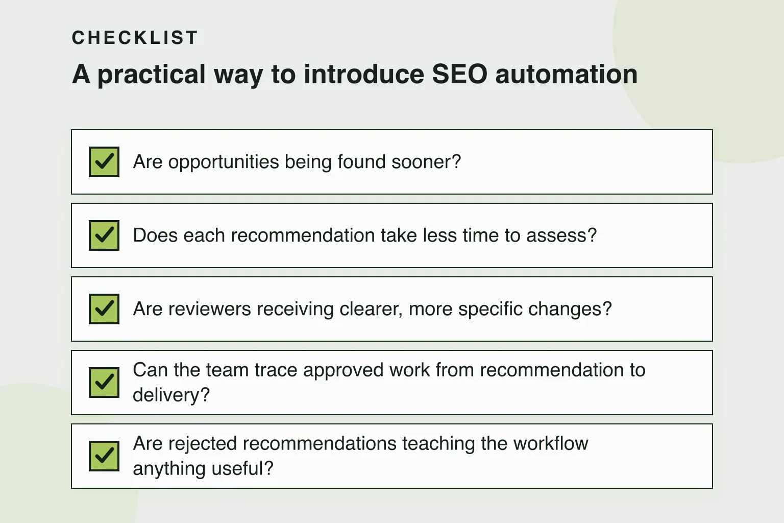 Checklist: A practical way to introduce SEO automation (5 items)