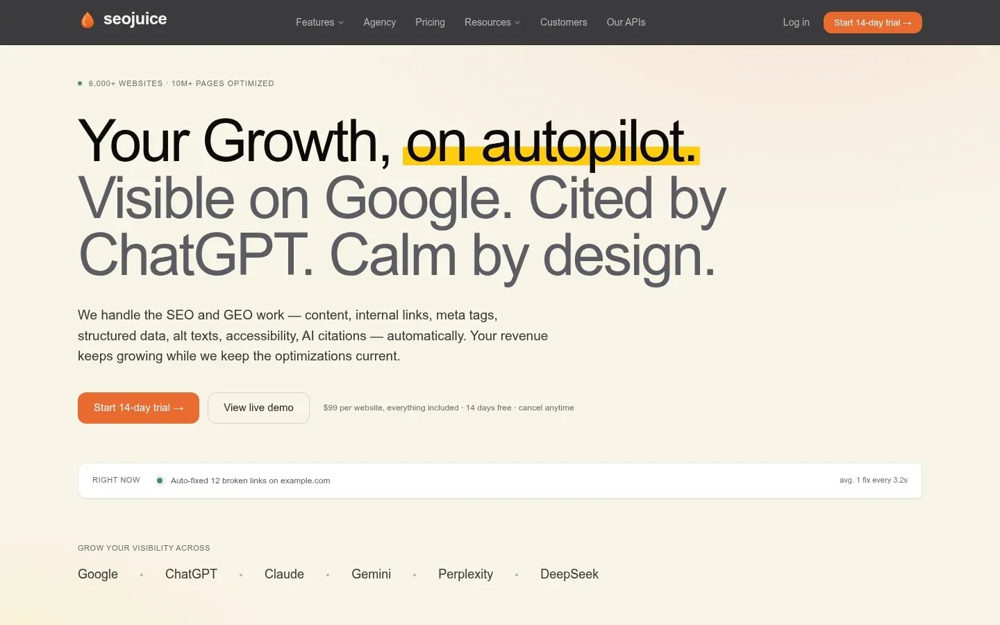 Screenshot of the homepage of SEOJuice