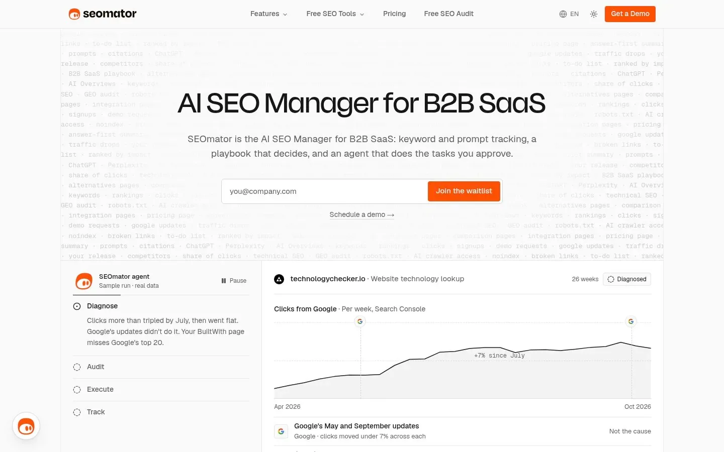 Screenshot of the homepage of SEOmator
