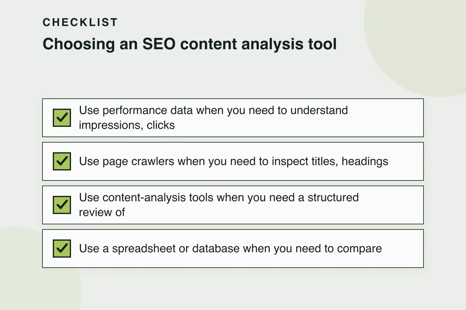 Checklist: Choosing an SEO content analysis tool (4 items)