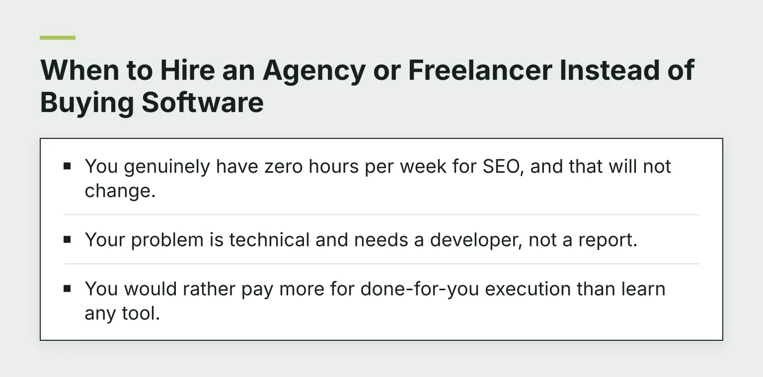 When to Hire an Agency or Freelancer Instead of Buying Software: You genuinely have zero hours per week for SEO, and that will not change and 2 more