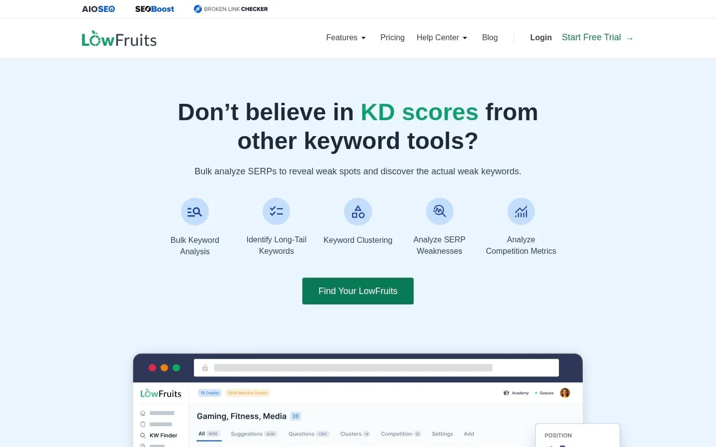 Screenshot of the homepage of LowFruits
