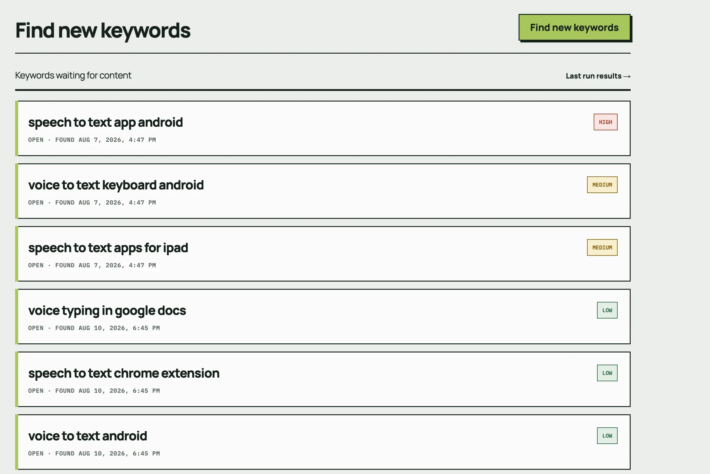 RomeoSEO keyword research results listing keyword opportunities with high, medium and low priority labels