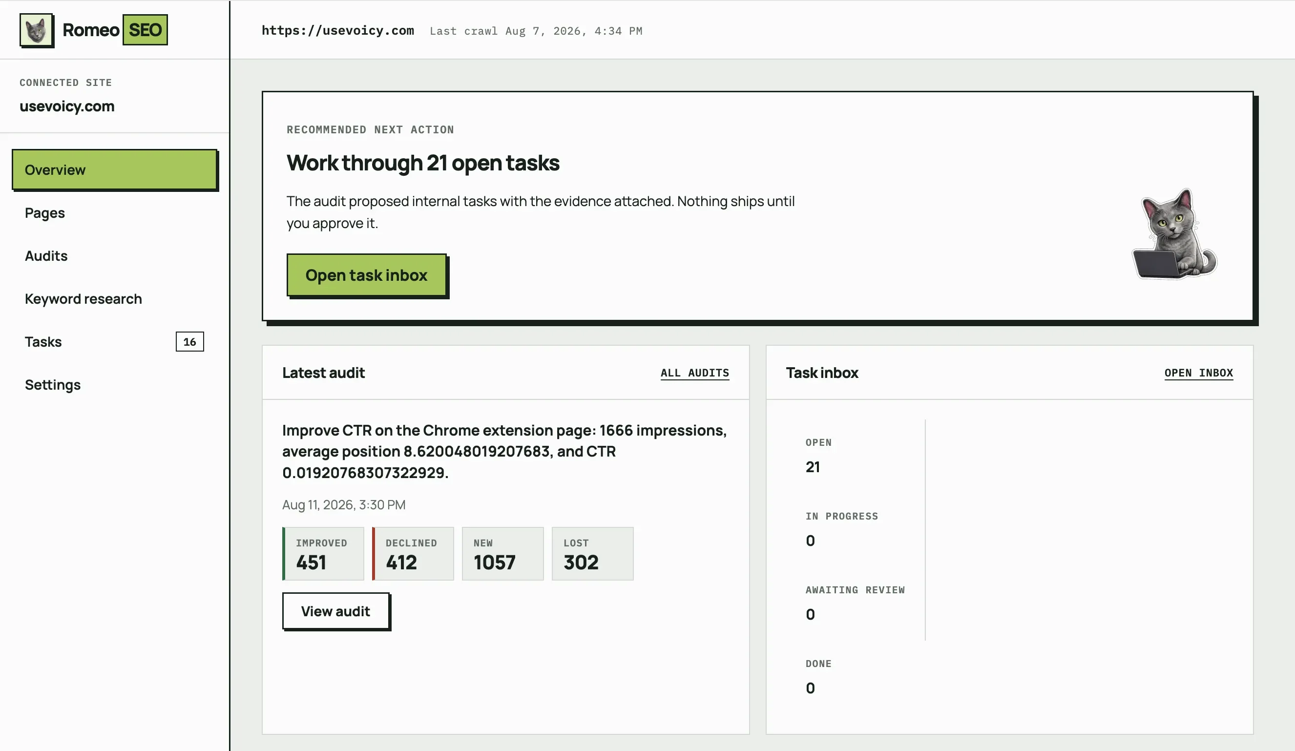 The RomeoSEO site overview with a recommended next action, the latest audit summary and task inbox counts