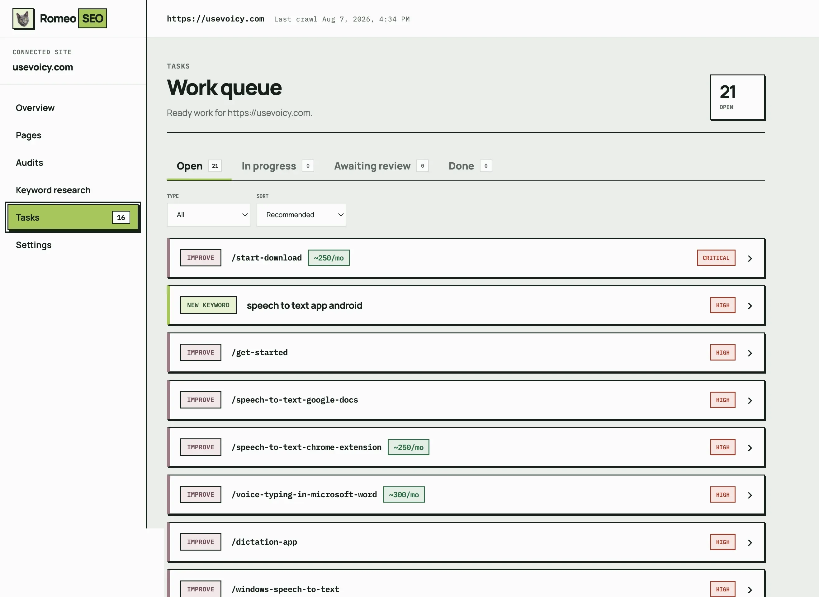 The RomeoSEO task inbox listing twenty-one open tasks by page, each with a type and a priority