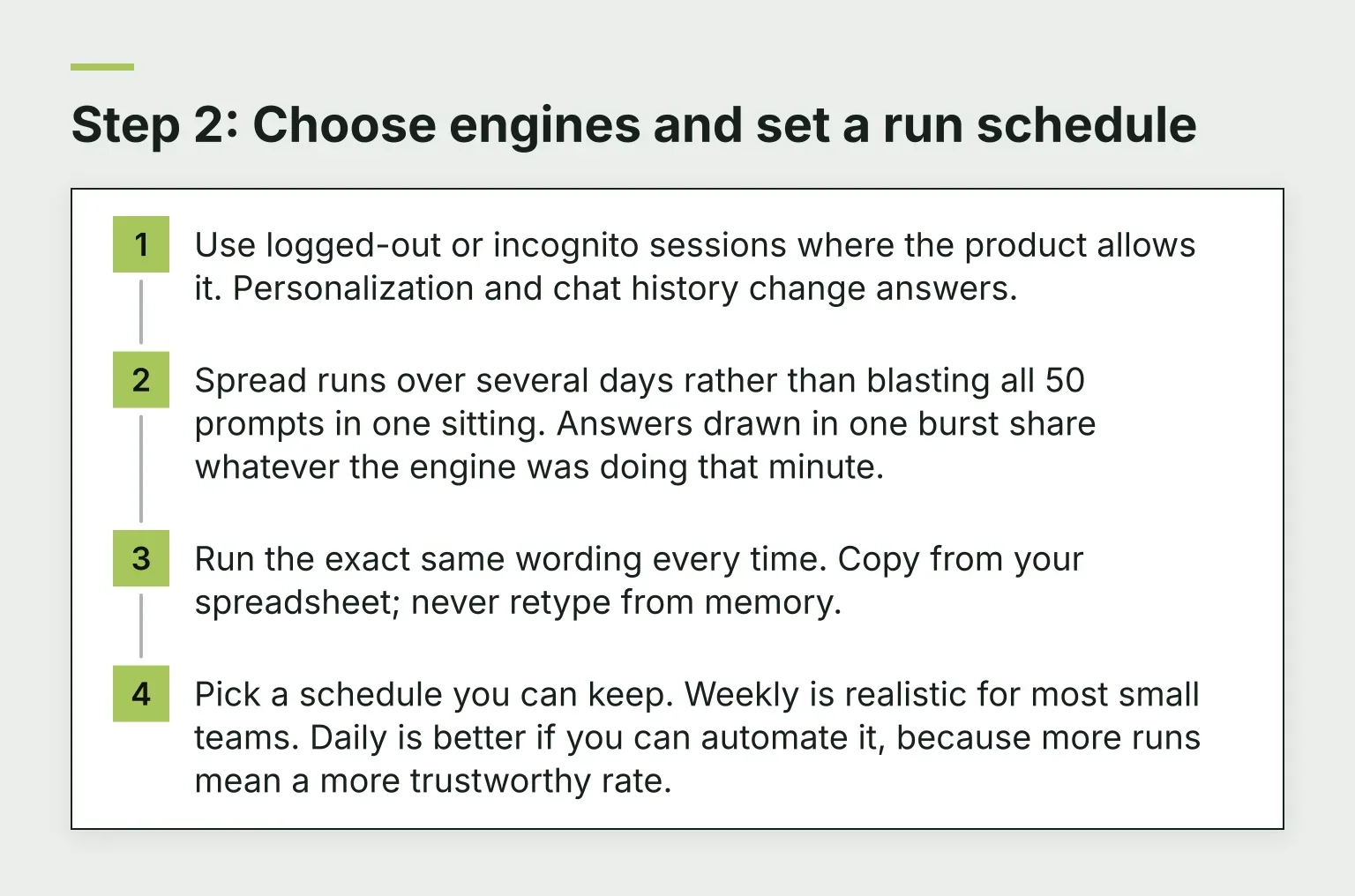 Step 2: Choose engines and set a run schedule, in 4 steps: Use logged-out or incognito sessions where the product allows it and 3 more