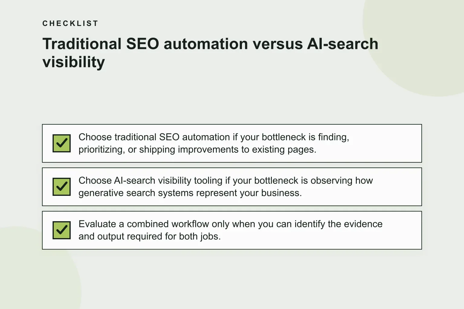Traditional SEO automation versus AI-search visibility checklist