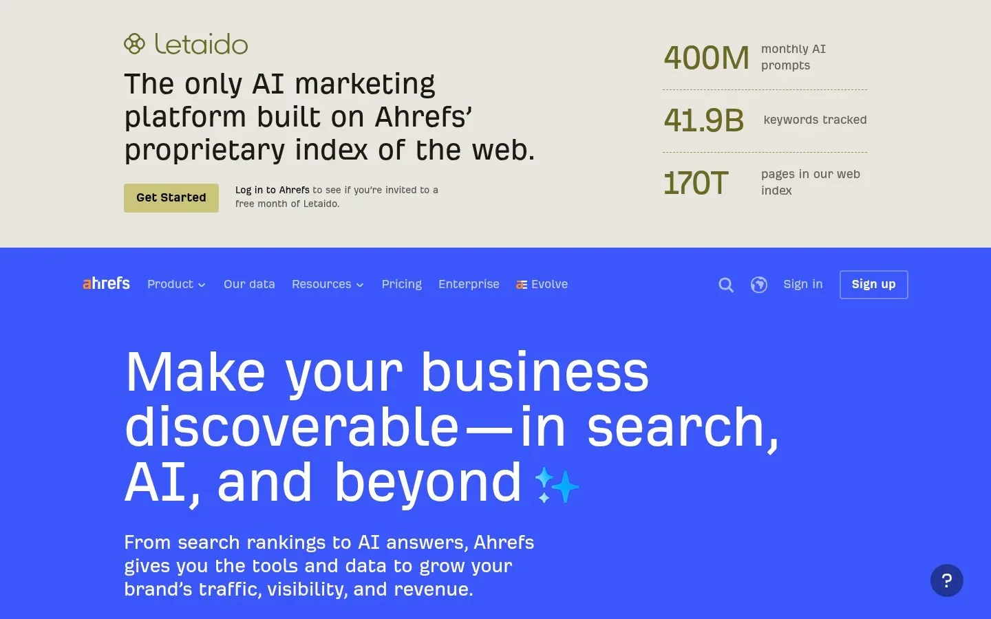 Screenshot of the homepage of Ahrefs Brand Radar
