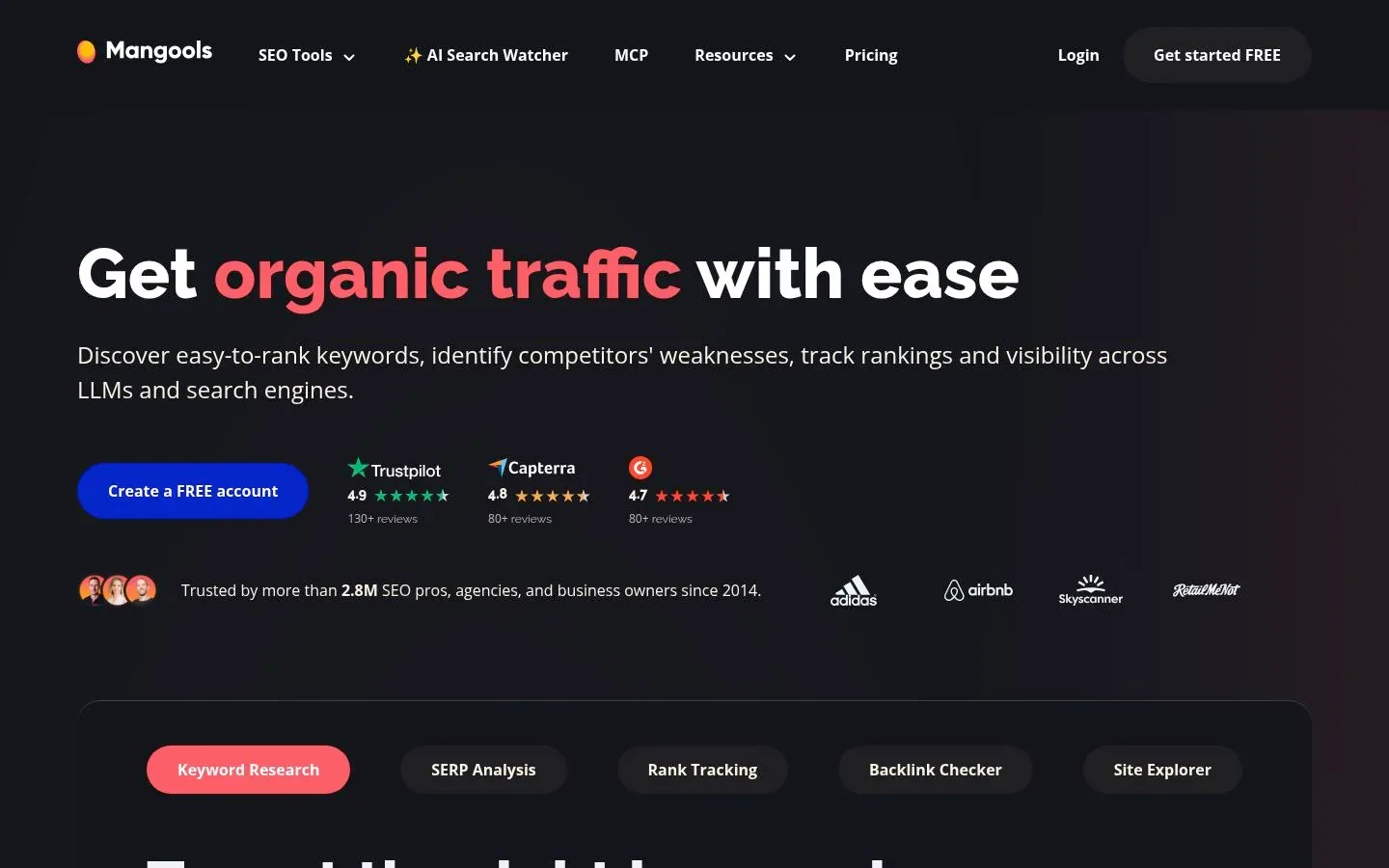 Screenshot of the homepage of Mangools