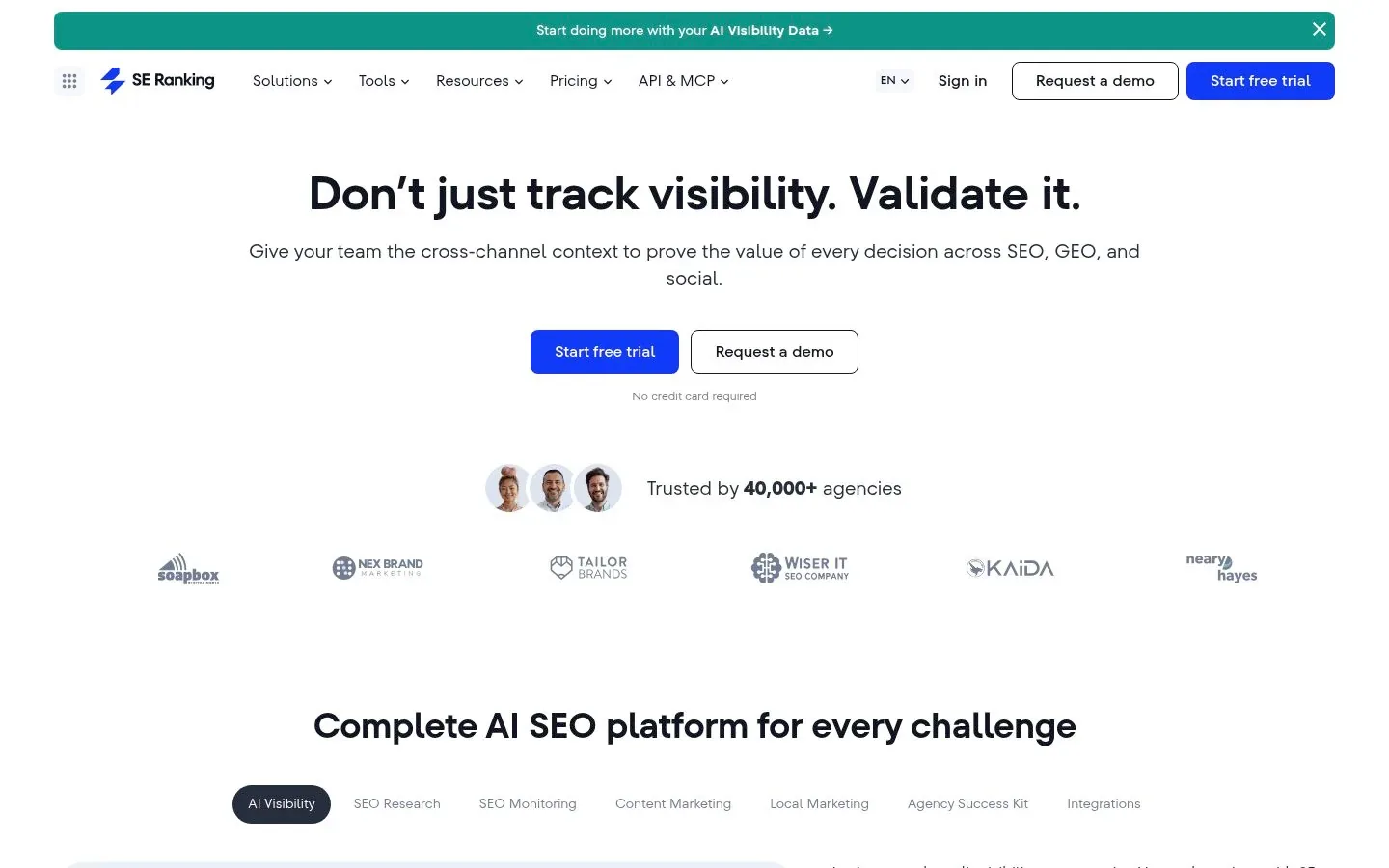 Screenshot of the homepage of SE Ranking
