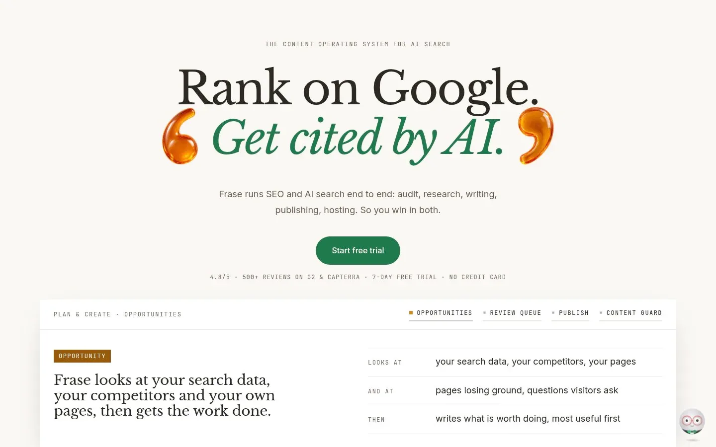 Screenshot of the homepage of Frase