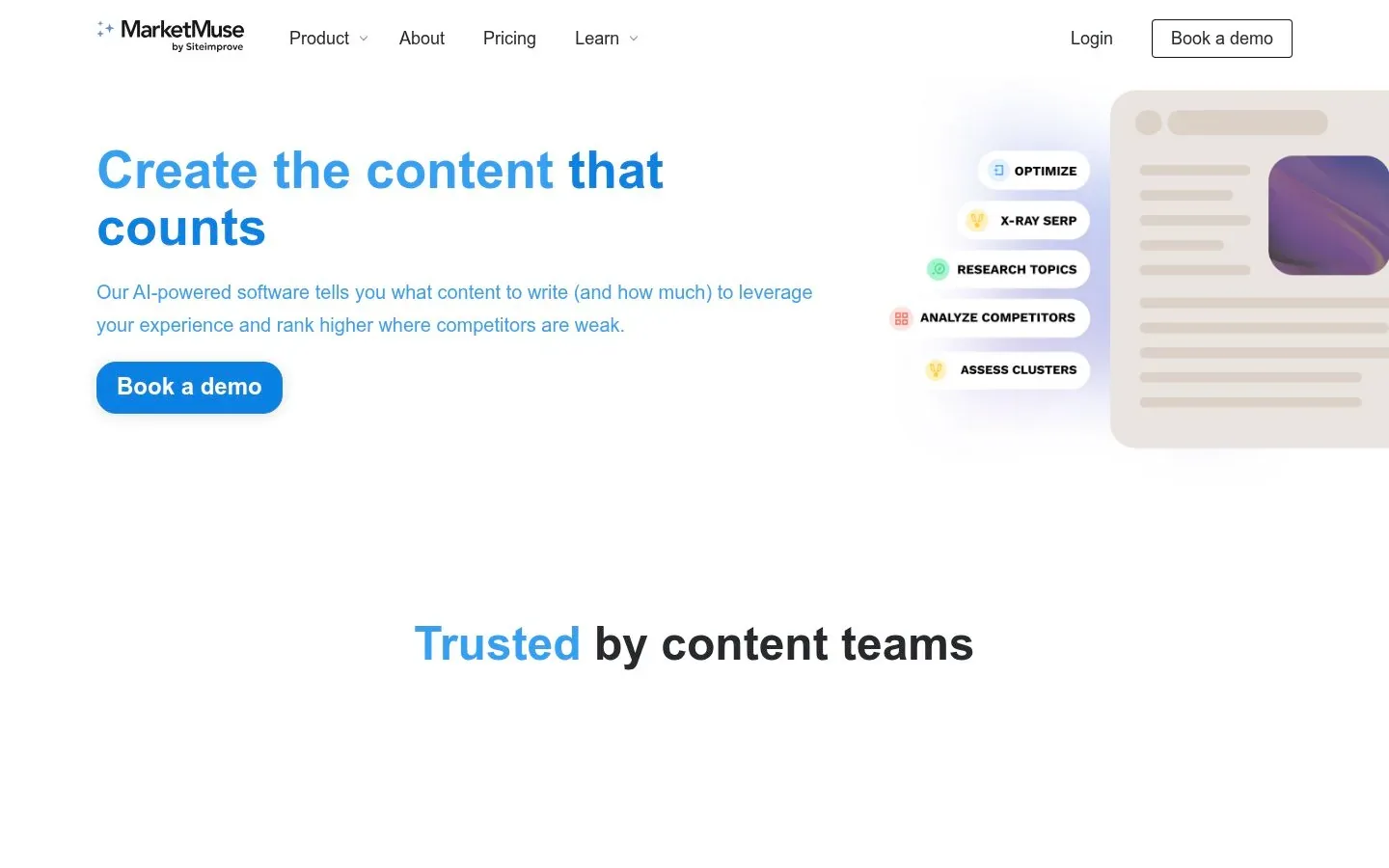 Screenshot of the homepage of MarketMuse